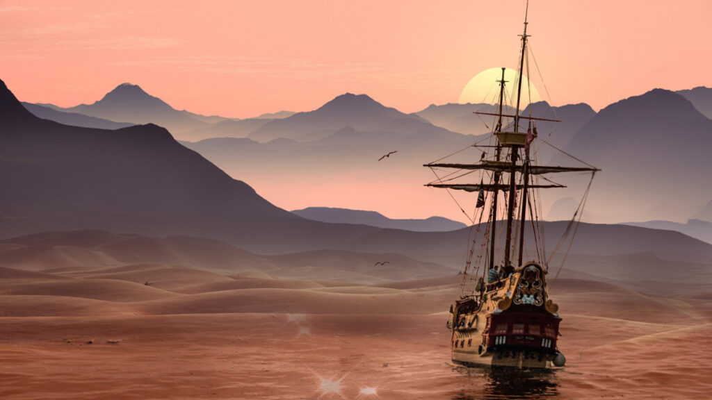 Expeditionens flaggskepp seglar emot solnedgången