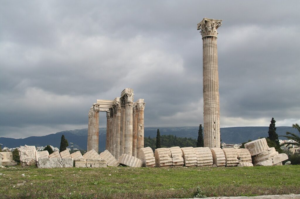 Temple of Zeus in Athens, Olympieion, with the fallen column in the foreground